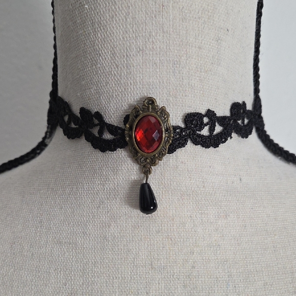 Jewelry - Black Lace Choker with Red Gemstone